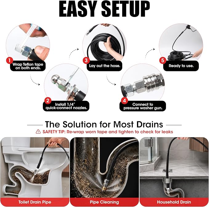 Sewer Jetter Kit for Pressure Washer 50 FT, Drain Cleaning Hose with Short Gun, 1/4" NPT, Rotating, Button Nose & Corner Nozzles, High Pressure Pipe Cleaner for Sewer and Drain Cleaning