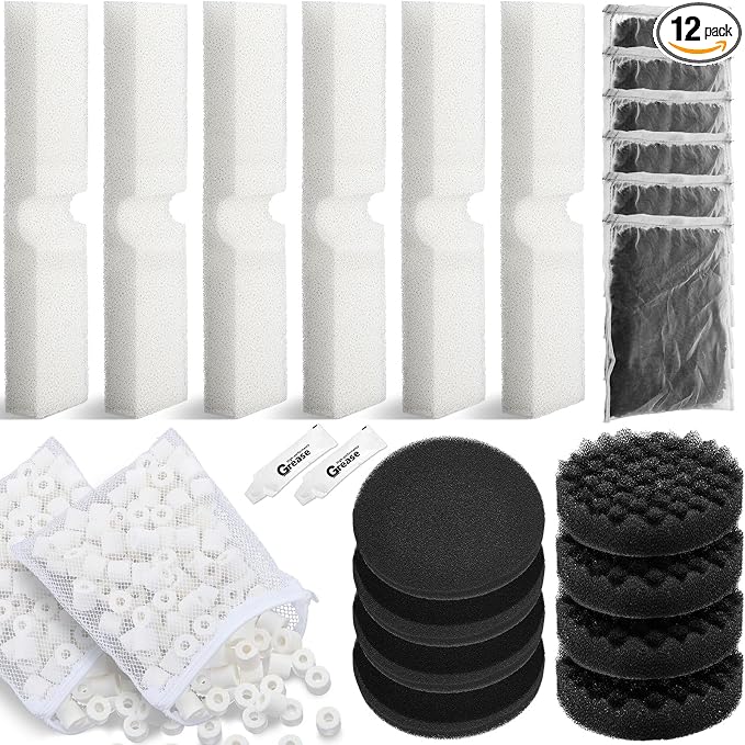 Threlaco 12 Pcs Aquarium Filter Media Kit Compatible with Fluval Fx4/fx5/fx6 Filter, Including Bio Sponge Pads, Carbon Foam Pad, Bio Sponge Block, Activated Carbon, Ceramic Rings, Silicone Lube