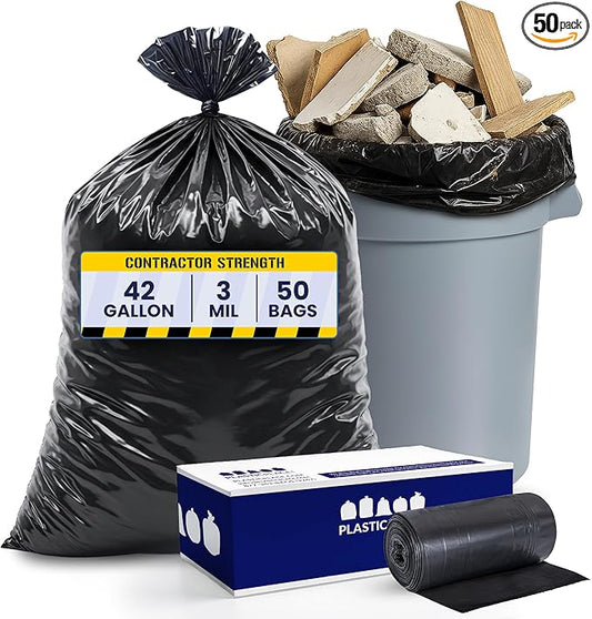 Plasticplace Contractor Trash Bags 42 Gallon │ 4.0 Mil │ Black Heavy Duty Garbage Bag │ 33” x 48” (50 Count)