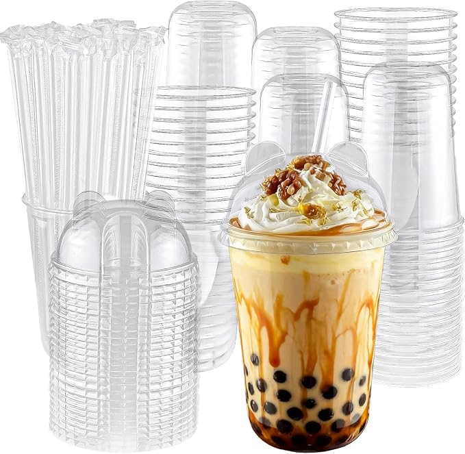 Qsqwsuye 16oz 100 Set Disposable Plastic Cups with Dome Lids and Straws, Clear Iced Coffee Cups with lids, Round Bottom Plastic Cup for Milkshakes Juice Beverages Holiday Party Outdoor Picnic Supplies