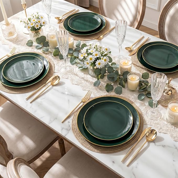 I00000 150Pcs Green Plastic Plates with Gold Rim, Fancy Disposable Plates,Green Plates Set include 30 Dinner Plate,30 Dessert Plate, 90 Plastic Silverware Set for Wedding&Party