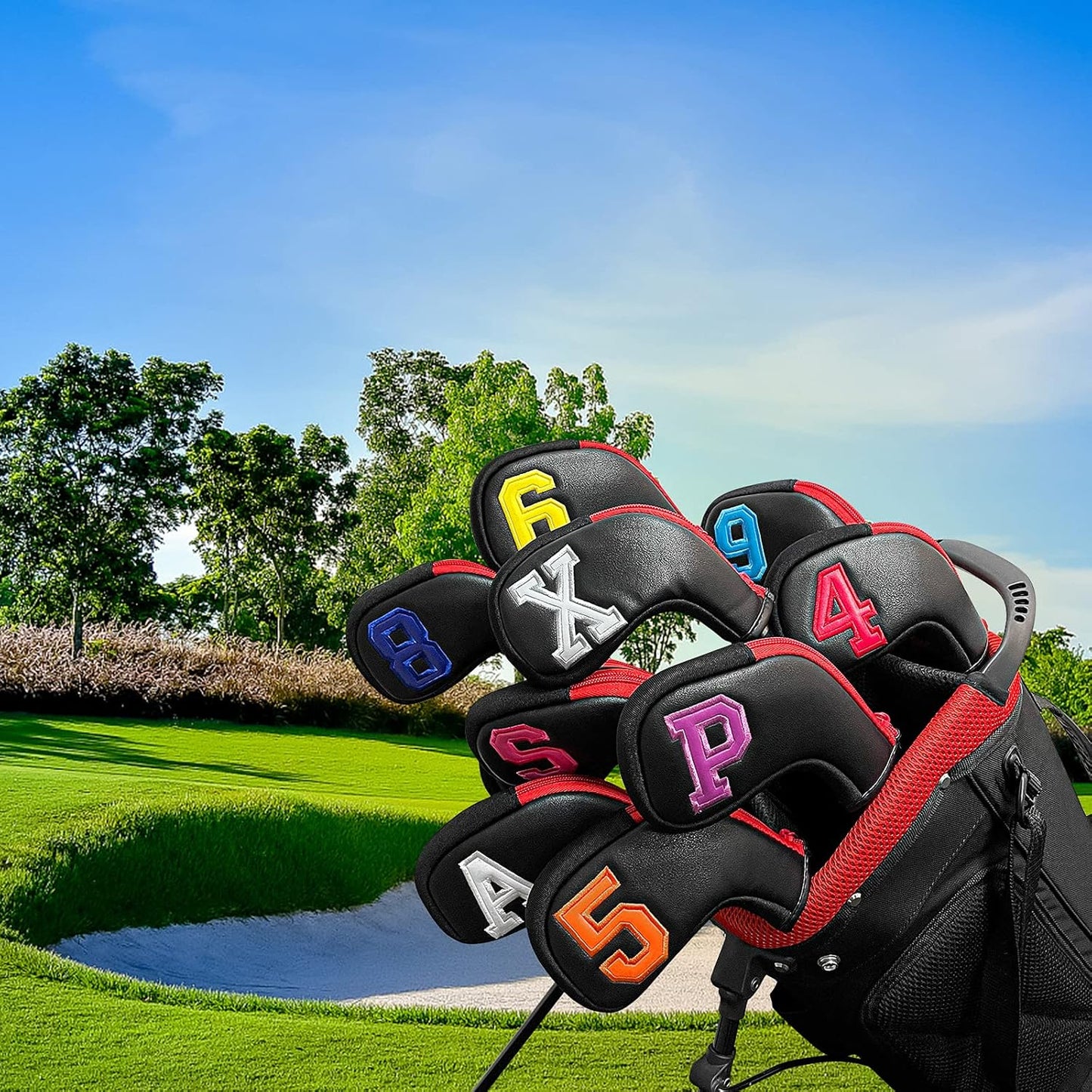 wosofe Golf Head Covers for Iron Headcover with Zipper Black Leather 10pcs Set Colorful Number Embroideried PU Leather Waterproof Fit All Brands
