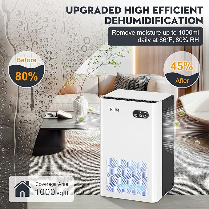ToLife Dehumidifier for Home, 1000 sq.ft Dehumidifiers for Basement Bedroom Bathroom with 95 OZ Water Tank, Auto Shut Off 7 Colors LED Light, White Black