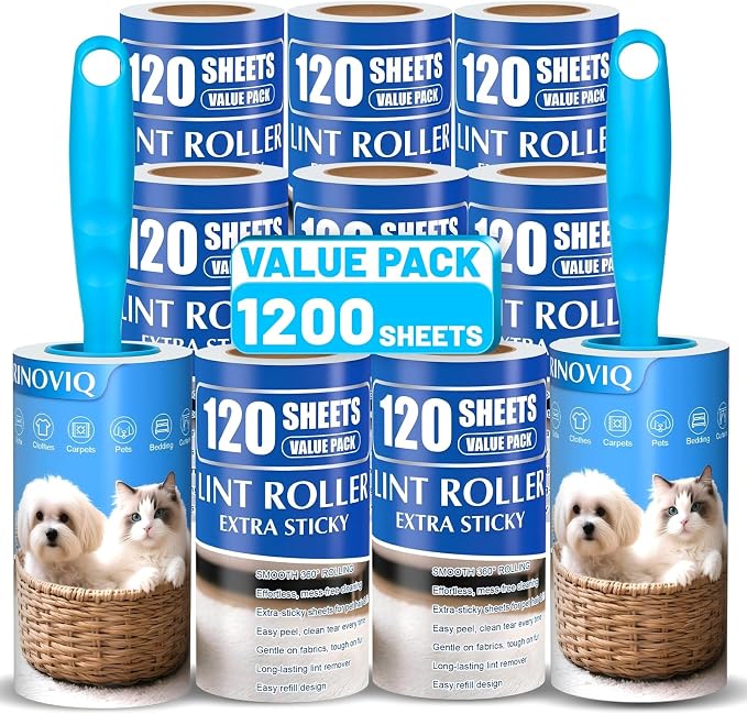 Lint Roller for Pet Hair – 1200 Sheets Mega Value Set, 2 Upgraded Handles, 3.9-inch Rolls with 120 Sheets Each, Sticky Hair Remover for Clothes, Sofa, Carpet & Furniture, Dog & Cat Hair
