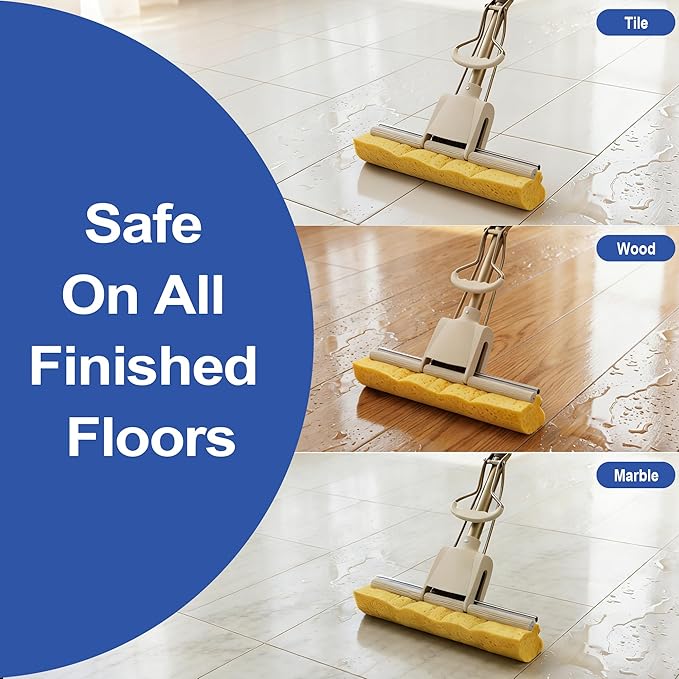 LILAC Cellulose Sponge Mop with 2 Replacement Heads, 4-Color Handle Choices for Zoned Cleaning, Super Absorbent Pop Up Roller Mop for Hardwood,Laminate Floors, Heavy Duty Floor Scrubber (Blue)