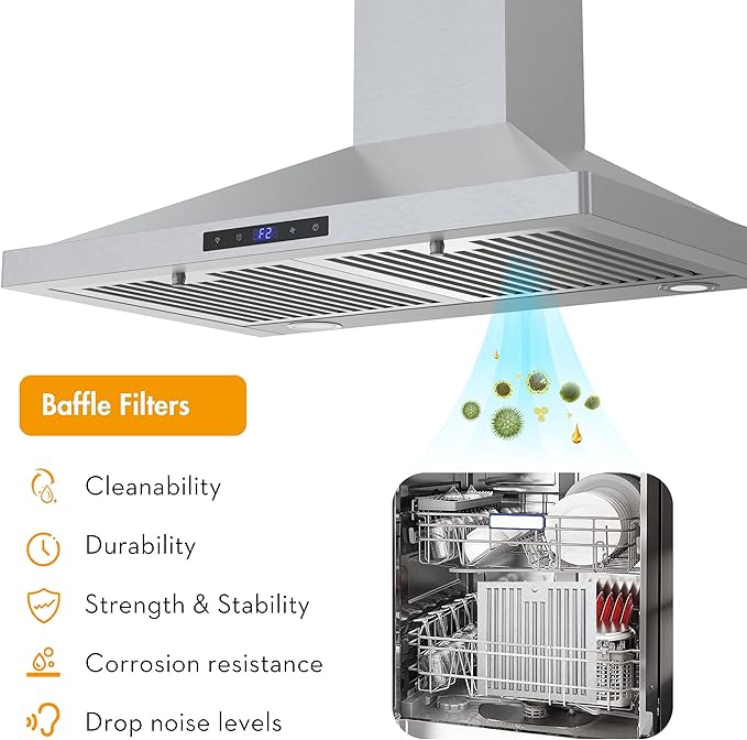 FIREGAS Range Hood 30 inch Wall Mount,450 CFM Ducted/Ductless Range Hood with Stainless Steel,Stove Hood Vent for Kitchen with 3 Speed Fan,Permanent Filters,Led Lights,Digital Touch,Charcoal Filter
