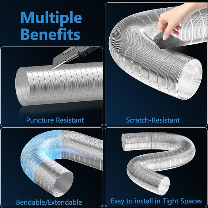 Hon&Guan 4-Inch Semi Rigid Dryer Vent Hose, 5 Feet Flexible Aluminum Duct with 2 Clamps and Aluminum Foil Tape