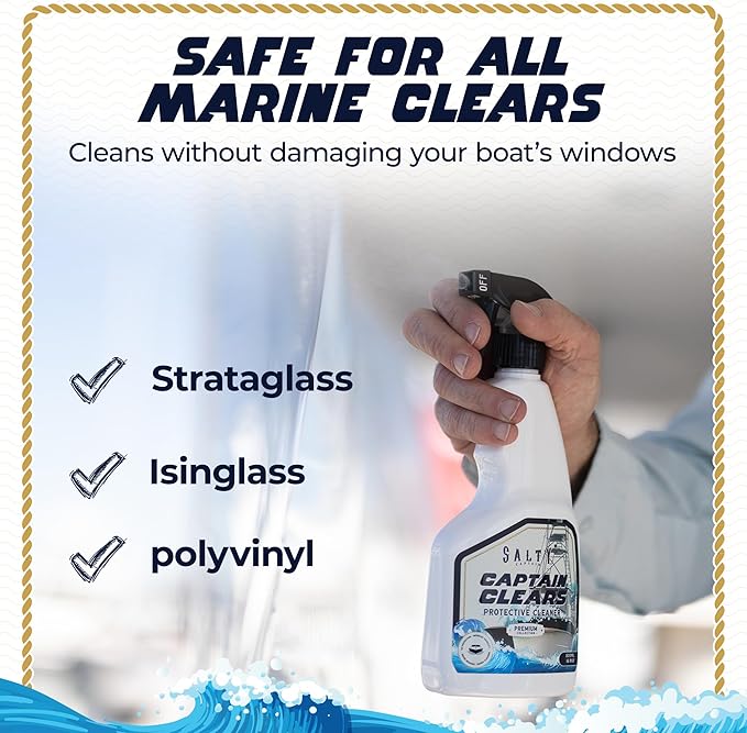 Salty Captain Clears Clean & Polish Kit – Isinglass Cleaner & Boat Polish – 16.9oz Cleaner, 16.9oz Polish & 5 Microfiber Towels – Restores Clarity & Shine to Strataglass, Polyvinyl & Marine Clears