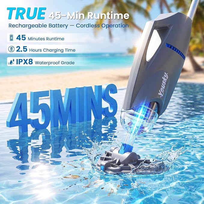 Cordless Handheld Pool Vacuum, 18.5GPM Strong Suction, Telescopic Pole, 45 Mins Runtime, Dual Brush Heads for Above Ground, Inground Pools, Spas & Hot Tubs, Vako H10