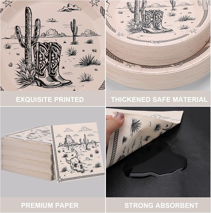 200PCS Cowboy Party Supplies Serve 50,Western Cowboy Rodeo Theme Party Paper Plates,Napkins,And Forks Kit for Birthday,Baby Shower Decorations