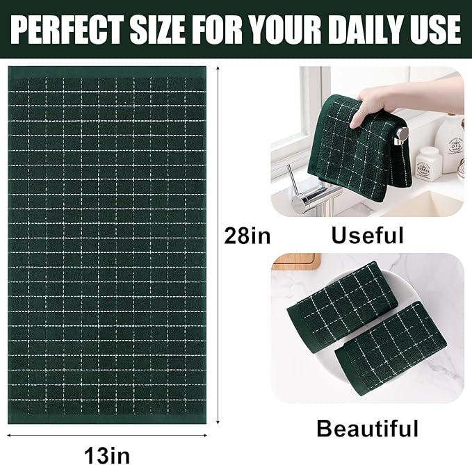 Homaxy 100% Cotton Terry Kitchen Towels(Blackish Green, 13 x 28 inches), Checkered Designed, Soft and Super Absorbent Dish Towels, 4 Pack