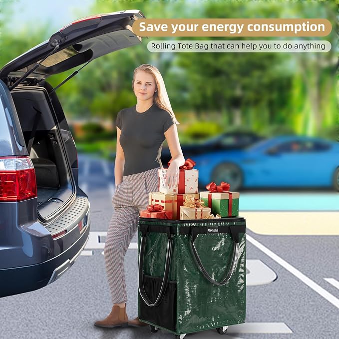 (Medium, Green) Reusable Grocery Bag on 4 Wheels, Foldable Rolling Tote Carries Up to 66lb Shopping Trolley, Rolling Bag with 3 Handles, Zipper Clouser Rolling Tote Bag with Wheels for Laundry