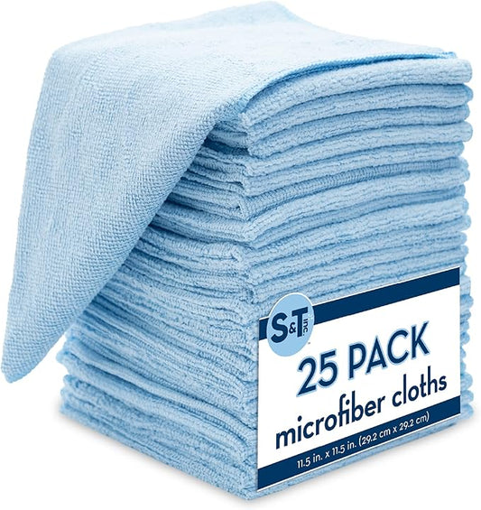 S&T INC. Microfiber Cleaning Cloth, Bulk Microfiber Towel for Home, Reusable and Lint Free Cloth Towels for Car, Light Blue, 11.5 Inch x 11.5 Inch, 25 Pack