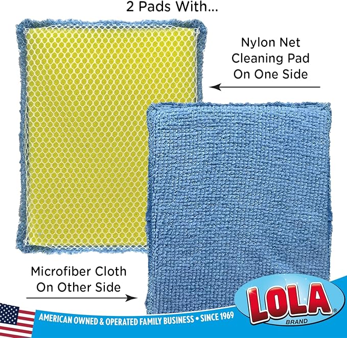LOLA Microfiber & Nylon Net Sponges, 24 Pack, 12 Dual Sided Non-Scratch Sponge Pads & 12 w/Microfiber Cloth One Side and Netting on the Other Side