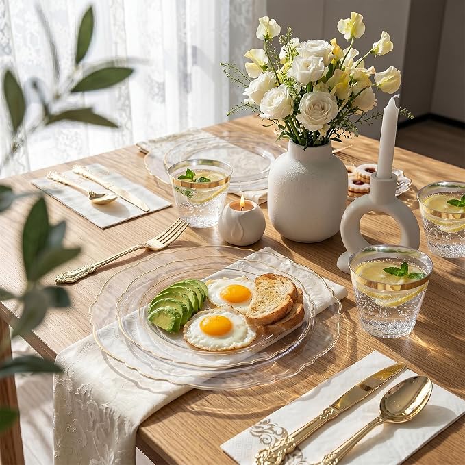 KIRE 210Pcs Clear and Gold Plastic Plates - Heavy Duty Clear Plates with Gold Rim - Disposable Dinnerware Sets of 60 Plastic Plate 90 Silverware 30 Cups 30 Napkins for Wedding/Party