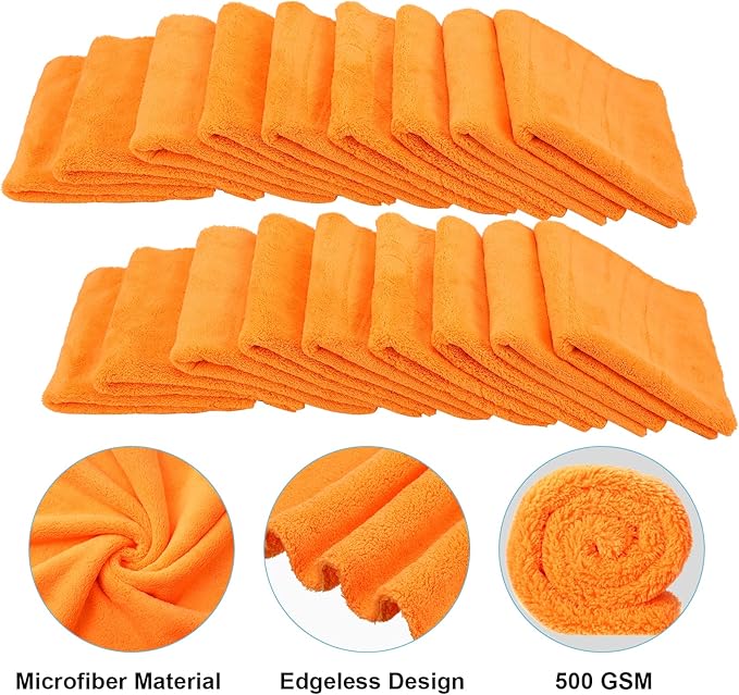 Shimeyao 30 Pcs 16 x 16 Inch Edgeless Microfiber Plush Towels for Cars Detailing Drying Wash Polishing Absorbent Cleaning Cloths, 500 GSM (Orange)