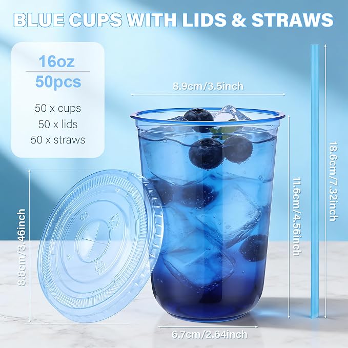 KesaPlan 50 Pack 16 oz Blue Plastic Party Cups with Lids & Straws, Disposable Iced Coffee Cup with Lids, Round Bottom Drinking Cups for Cocktail Cold Beverages Birthday Wedding Picnics Party Supplies
