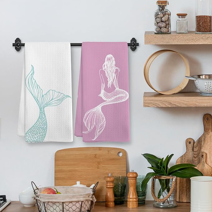Coastal Mermaid Beach Decor Dish Hand Tea Towels for Bathroom Kitchen, Mermaid Ocean Beachy Bathroom Decor Gifts for Girls, Pink Blue Nautical Kitchen Towels and Dishcloths Sets of 2, 16x24in