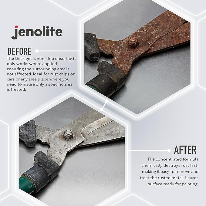 JENOLITE Gel Rust Remover for Metal 40 ml (1.3 fl oz). Non‑Drip Naval Jelly for Automotive and Vertical Metal Surfaces. Fast‑Acting Concentrated Gel Dissolves Rust to Bare Metal. Made in Britain