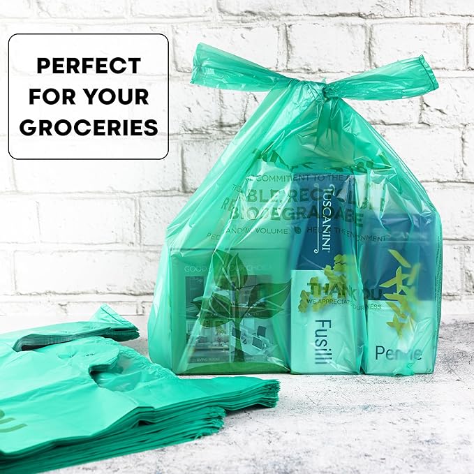 KitchenDine Eco Green Plastic Bags - 100 Count Biodegradable Shopping Bags-Thank You - 22" x 12" Carry Out Bag. (100)