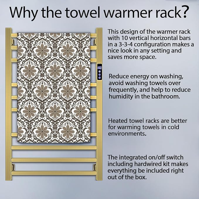 XBVV Towel Warmer Rack for Bathroom with Timer/Fahrenheit Temperature Control Wall Mounted Electric Heated 10 Bar Rail Plug-in or Hardwired Keep Bath Shower Towel Warming (Brushed Gold)