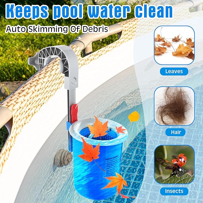 Tujoe Above Ground Pool Skimmer with 30 Socks Cleaning Filter Socks, Adjustable Wall Mount Surface Skimmer, Auto Skim Pool Leaves & Fine Debris Maintenance Kit
