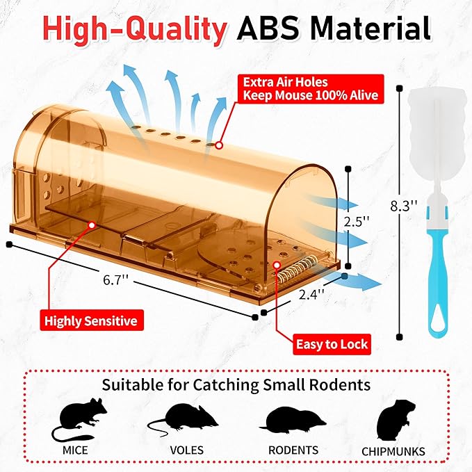 LULUCATCH Humane Mouse Traps 6 Pack, No Touch Catch and Release Live No Kill Rodent Traps, Reusable with Cleaning Brush, Pet Safe Indoor Outdoor Rodent Control for Mice, Rats, Chipmunks, Voles, Brown
