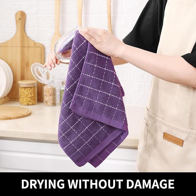 Homaxy Kitchen Towels and Dishcloths Set, 12 x 12 and 13 x 28 Inches, Set of 16 Bulk Cotton Terry Kitchen Towels Set, Checkered Designed, Soft and Super Absorbent Dish Cloths, Purple