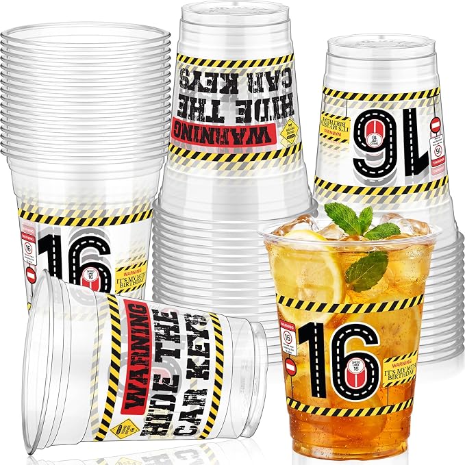 Jingmore 50 Pcs Birthday Plastic Cups 12 oz Birthday Disposable Plastic Cups Thick Clear Drinkware for Men Women Celebrate Party Supplies(16th)