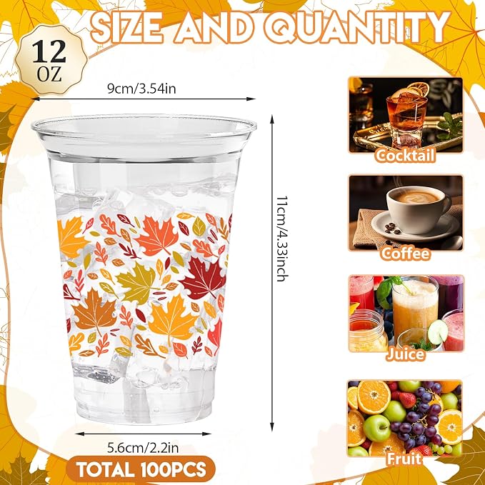 100 Pcs 12 oz Fall Maple Leaf Cups Tanksgiving Disposable Clear Plastic Cups for Fall Party Birthday Supplies
