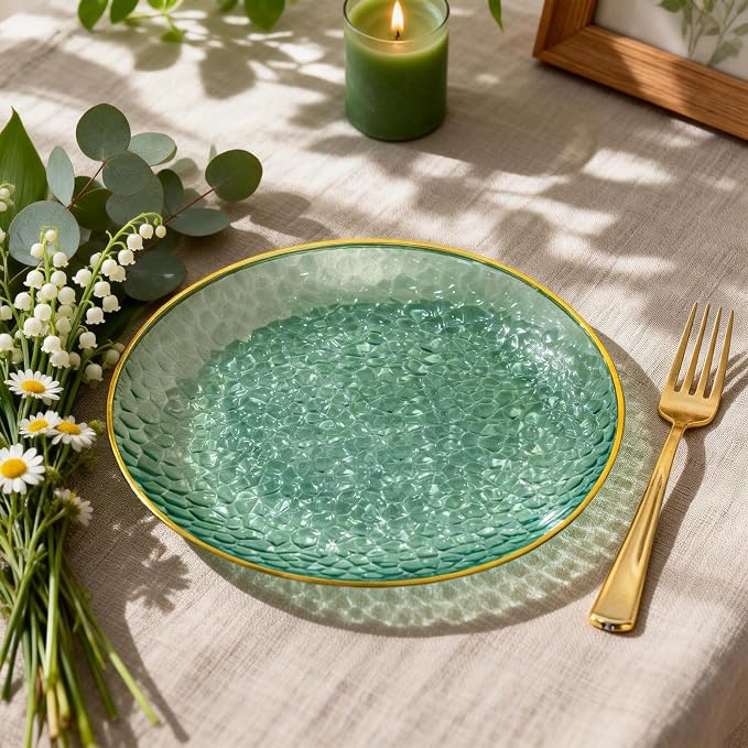 DaYammi 240Pcs Green Plastic Plates Including 120Pcs Dessert Plates and 120Pcs Gold Forks,Hammered Party Plate,Green Gold Appetizer plates Heavy duty Disposable Plastic Plate for Party Birthday Dinner