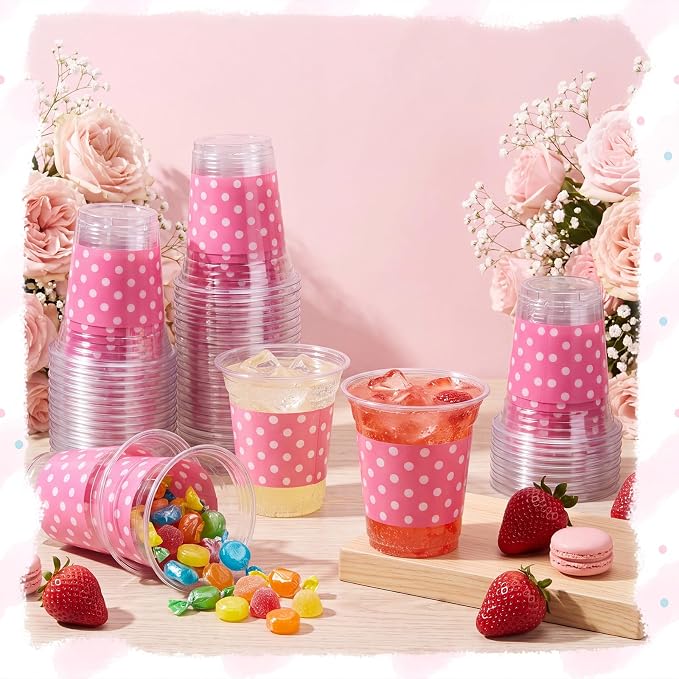 Qinyoung 50 Pcs Plastic Cups 12oz Disposable Cups Bulk Drinking Cup for Cold Drinks Baby Shower Wedding Birthday Valentine's Day Party Supplies (Pink Dot)