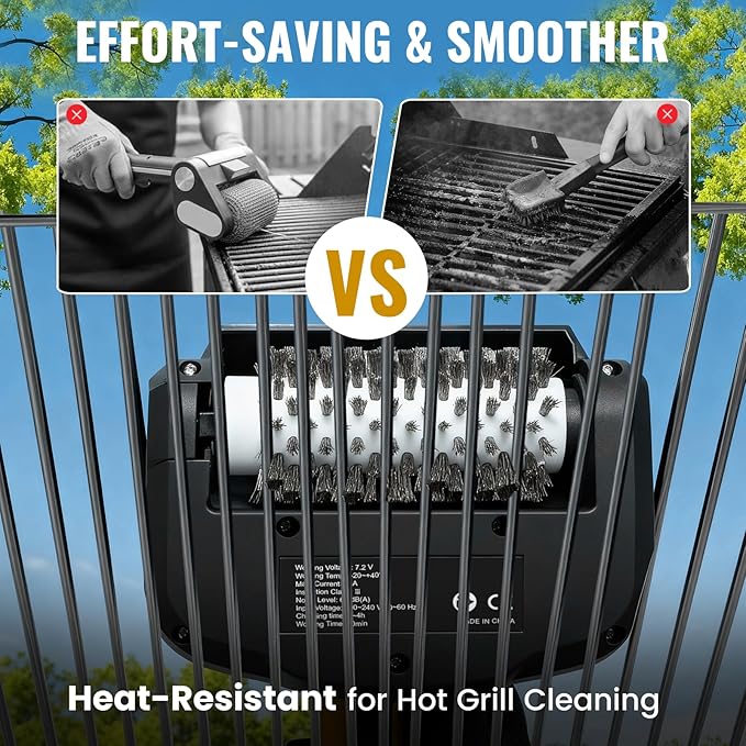Electric Grill Brush, Grill Cleaner with LED Light & Battery Power Display, 350 RPM Shed-Free Steel Bristles, Removable Brush Head, Cordless & Type-C Rechargeable Grill Scraper for Outdoor BBQ