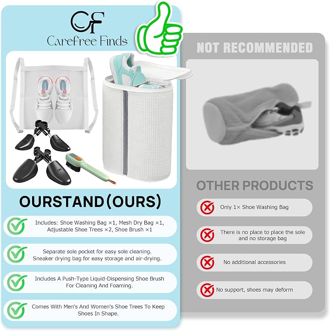 Upgraded Dual Compartment Design Shoe Bag for Washing Machine with Adjustable Shoes Trees& Sneaker Dryer Bag, 420g Heavy-Duty Shoe Washing Machine Bag, Clasp-Lock Zipper for Maximum Protection