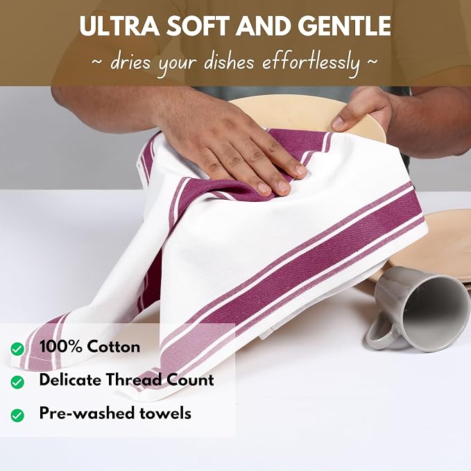 Native Fab Kitchen Towels 18x28 Inch, Set of 4, Wide Stripe, Super Absorbent, Quick Dry, Soft, 100% Cotton Dish Towels for Wiping Hands, Drying Dishes, Cleaning Dishcloths Set - Burgundy (Maroon)