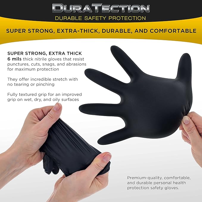 Dura-Gold Heavy Duty Black Nitrile Disposable Gloves, 6 Mil - Latex Free, Powder Free, Textured Grip