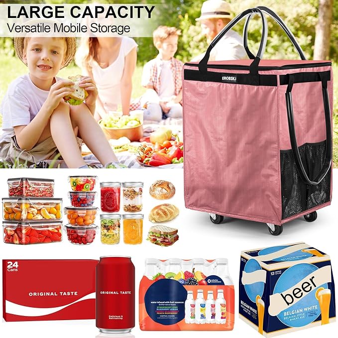 (Medium,Pink) Reusable Grocery Bag on Wheels, 70L Foldable Rolling Tote,Extra Storage for Shopping, Zipper Clouser Shopping Carts for Groceries,Trips, Laundry, Moving,4 Heavy Duty Wheels