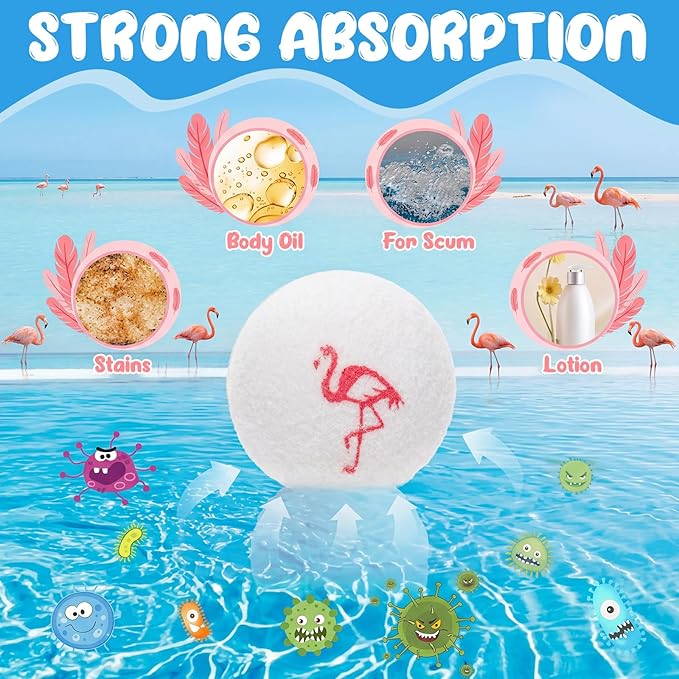 FoldTier 6 Pack Hot Tub Scum Absorber Balls, 3 Inch Flamingo Pattern Floating Pool Spa Cleaner, Washable Reusable Hot Tub Absorber Accessories for Oils Lotions, Prevents Scum Lines & Filter Clogs