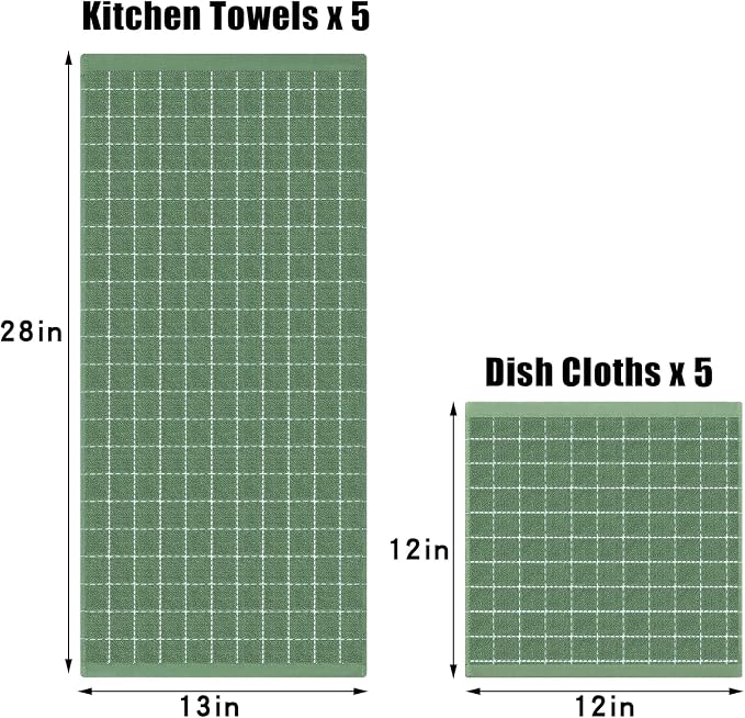 Homaxy Kitchen Towels and Dishcloths Set, 12 x 12 and 13 x 28 Inches, Set of 10 Bulk Cotton Terry Kitchen Towels Set, Checkered Designed, Soft and Super Absorbent Dish Towels, Grass Green
