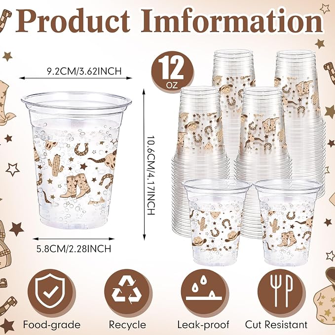 Jingmore 100 Pcs Western Plastic Cups 12 oz Clear Disposable Plastic Cowboy Cowgirl Drinking Cups Bulk for Boho Preppy Baby Shower Birthday Wild West Party Decoration Supplies(Western Cowboy,Brown)