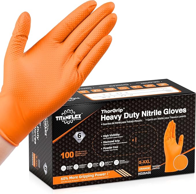 TitanFlex Heavy Duty Orange Industrial Nitrile Gloves with Raised Diamond Texture, Latex Free (6mil/8mil)