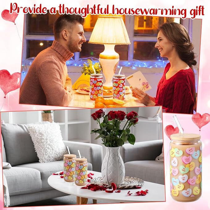 Sliner 2 Pcs Valentine's Day Cups Conversation Heart Glass Tumbler with Lid Straw Gifts 16 oz Iced Coffee Cup Drinking Glasses Holiday Cute Beer Can Tumbler for Home Office Decorations