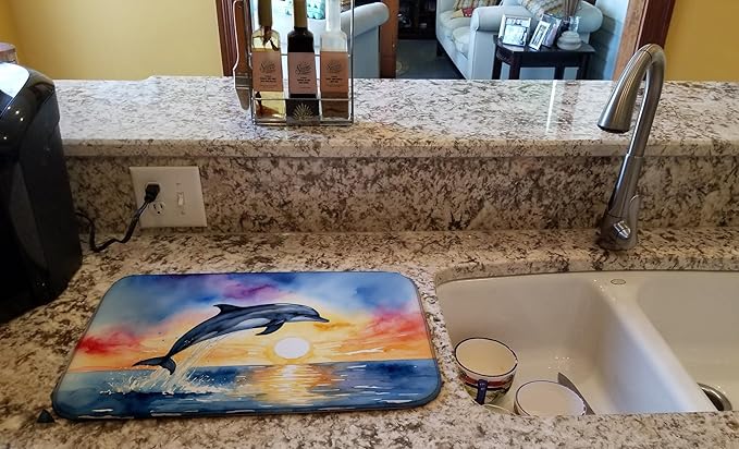 Caroline's Treasures Dolphin Leaping at Sunrise Dish Drying Mat Absorbent Dish Drying Mat Pad for Kitchen Counter Dish Drainer Mat for Countertop, 14 x 21", Multicolor