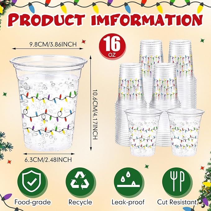 Jingmore 100 Pcs Strawberry Disposable Cups 16 oz Clear Plastic Drinking Cups Bulk for Spring Summer Holiday Birthday Wedding Juice Hot Cold Drinks Party Supplies(Christmas Lights)