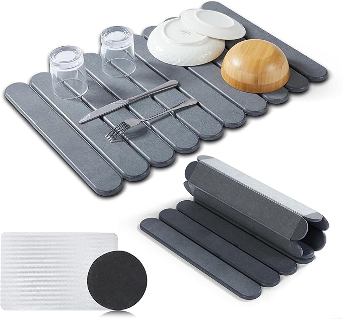 Stone Dish Drying Mat for Kitchen Counter, 23.6”(L) x 15.3”(W), Collapsible Eco-Friendly Diatomaceous Mat, Non Slip Quick Dry – Grey Mat for Dishes, Bottles & Cups, Matches Any Countertop