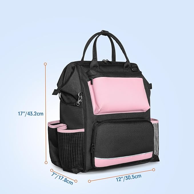 LoDrid Heavy Duty Cleaning Supplies Bag with Steel Frame Top, Large Cleaning Caddy with Adjustable Shoulder Straps and Multiple Pockets for Housekeeping Work, Pink, Bag Only, Patent Designed