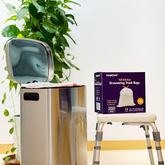 HygiCare 13 Gallon Tall Kitchen Trash Bags, Lavender Scented 200 Count Drawstring Garbage Bags, Pre-Separated, Odor Control, Ultra Strong, Leakproof, Sturdy, White