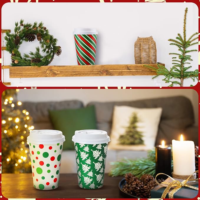 Gerrii 100 Set Christmas Paper Cups Disposable 12 oz with Lids Hot Chocolate Cups Coffee Cups Holiday Hot Cups for Hot and Cold Drinks Tea Water Bar Supplies Winter Season(Pretty Style)