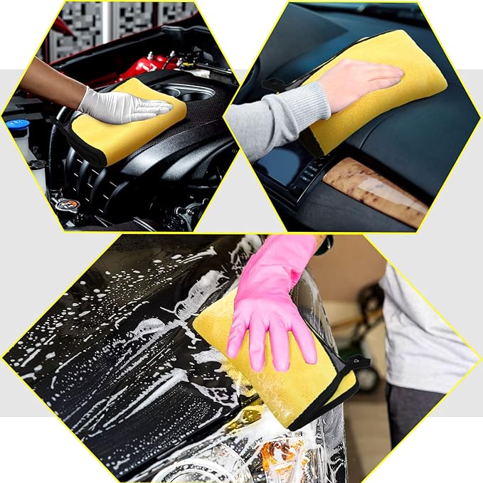 Tallew 12 Pcs Microfiber Towels for Cars, 800 GSM Plush Drying Cleaning Cloth Bulk, 16 x 16 Inch Thick Absorbent Wash Detailing Towels for Car Polishing, House, Kitchen Cleaning(Yellow and Gray)
