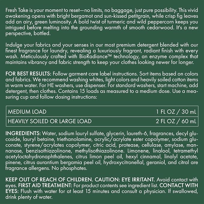 The Laundress Fresh Take Luxury Laundry Detergent, Long-Lasting Green Citrus Fragrance up to 7 Days of Scent, BioRadiance Enzyme Technology, Keep Clothes Vibrant for Longer, USDA Biobased, 15 Loads